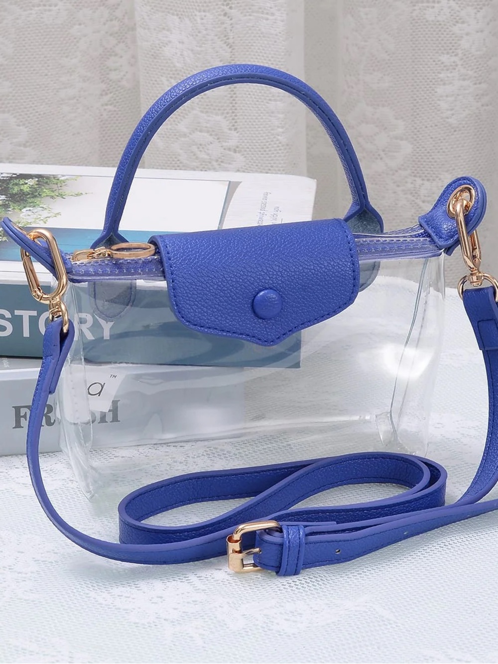 Clear Royal Blue Crossbody Tote with Navy Trim